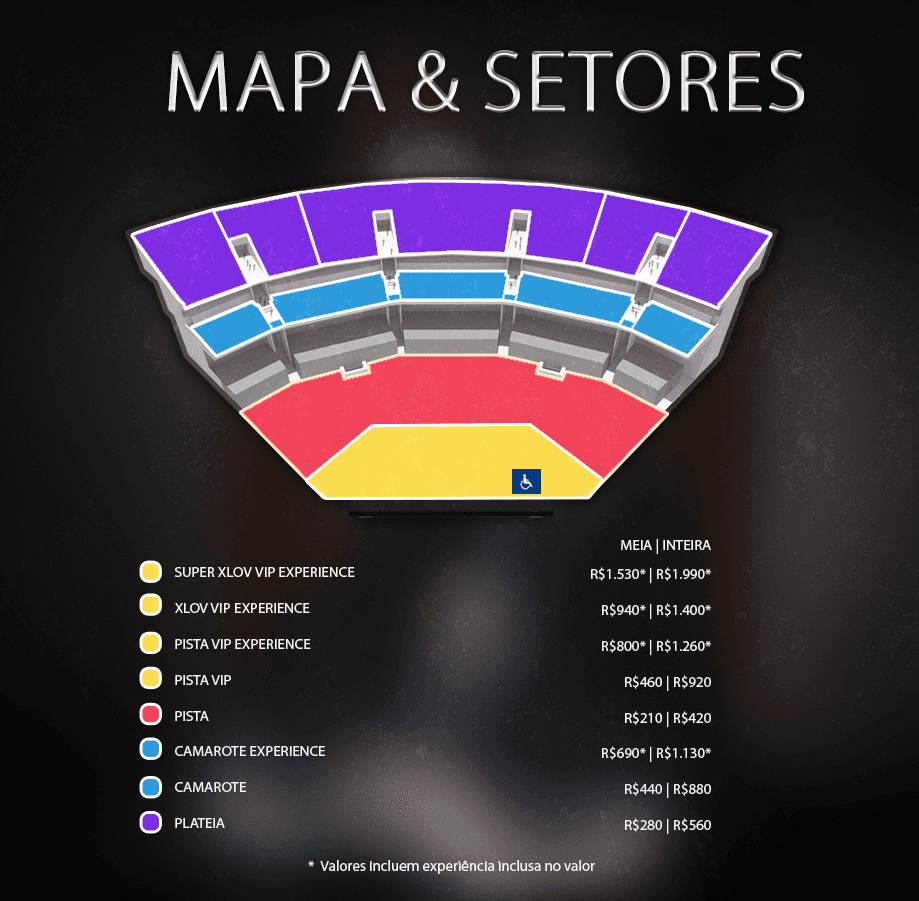 Mapa de setores e valores dos ingressos